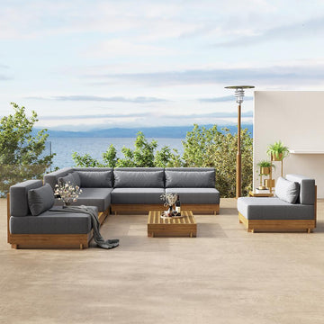 9 Pieces Teak Modular Outdoor Patio Sectional Sofa Set with Coffee Table and Cushion